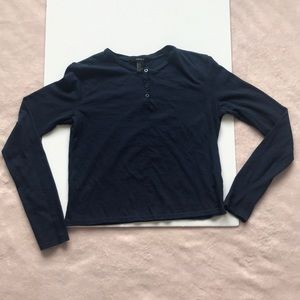 Navy long sleeve cotton crop tee with 3 buttons